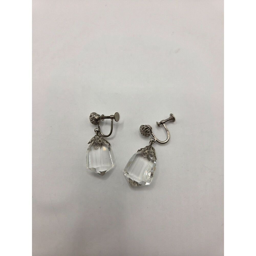 1782. Vintage Screw Back Dangle Earrings with Clear Faceted Crystal